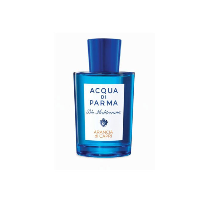 Blue Acqua di Parma perfume bottle on a white background