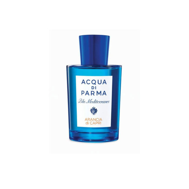 Blue Acqua di Parma perfume bottle on a white background