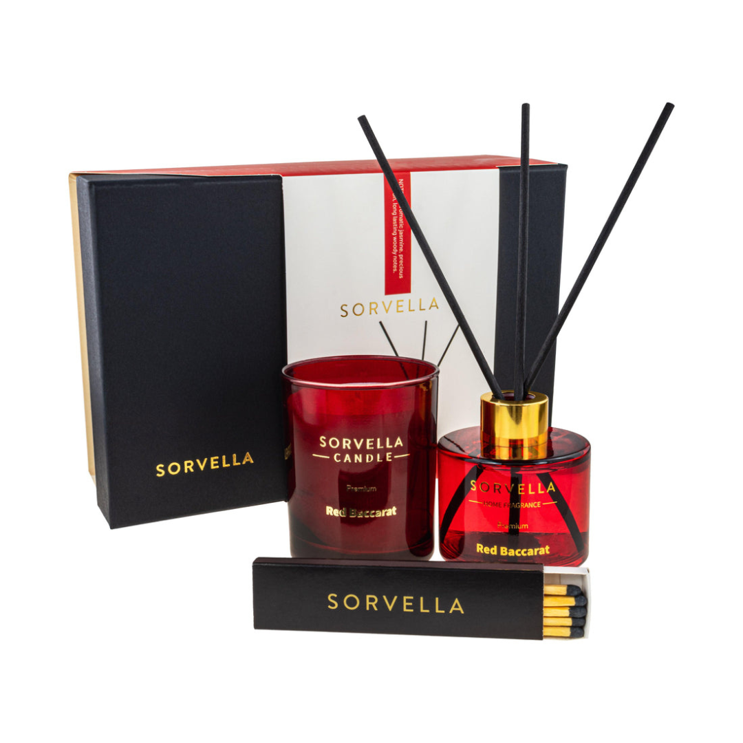 Sorvella Red Baccarat Diffuser 120ml + Candle 170g + Matches Gift Set